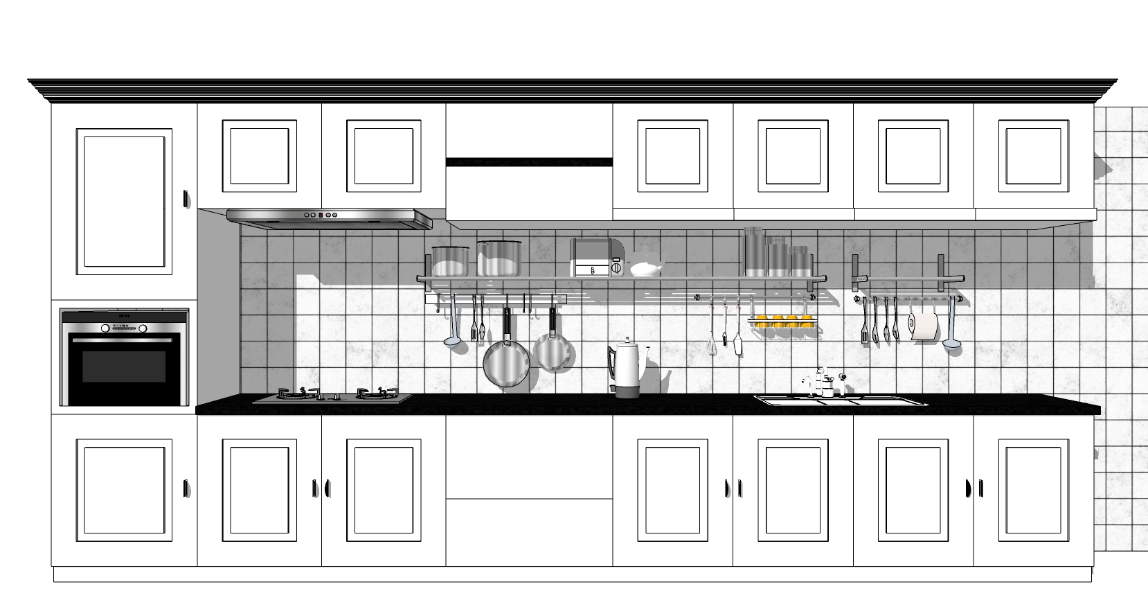 (1)简欧式橱柜烤箱燃气灶水槽吸油烟机厨房用具摆件sketchup草图模型下载
