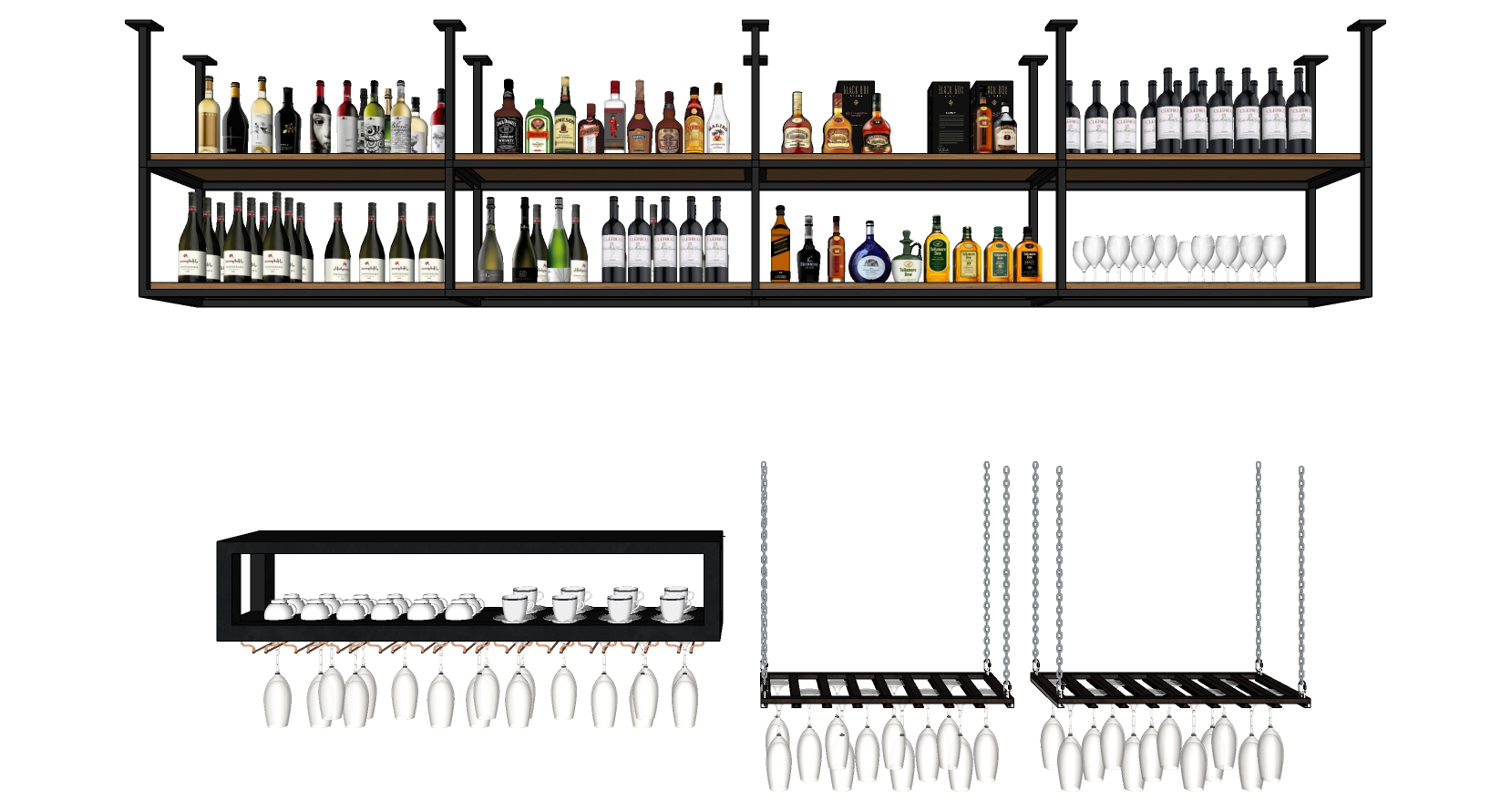 (16)现代红酒吊架酒杯架组合红酒洋酒酒瓶子高脚杯sketchup草图模型下载