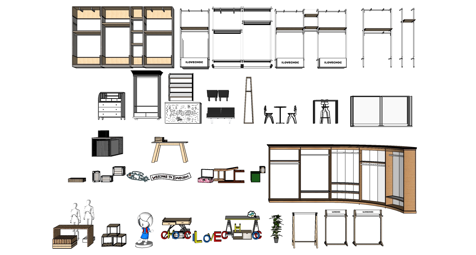 (20)现代儿童家具储物柜衣柜装饰柜儿童储物柜书桌组合sketchup草图模型下载