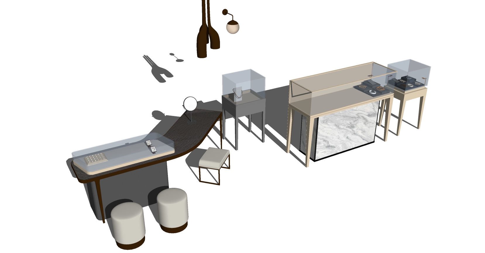 (20)现代珠宝首饰展柜吊灯壁灯摆件组合展台sketchup草图模型下载