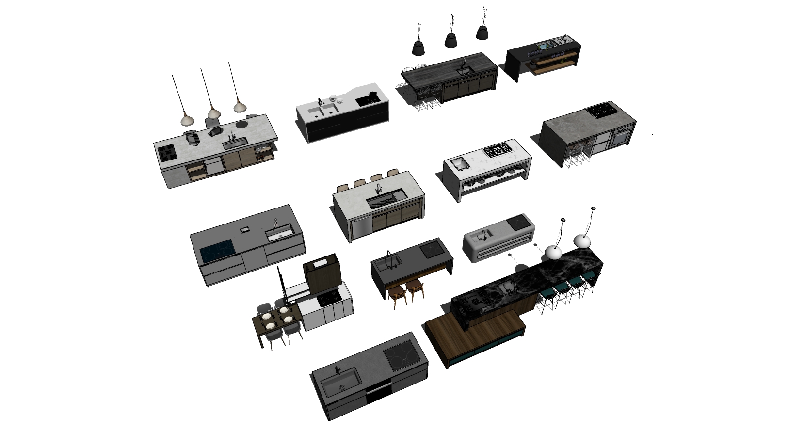 (8)现代简约开放厨房橱柜厨具中岛岛台吧椅sketchup草图模型下载