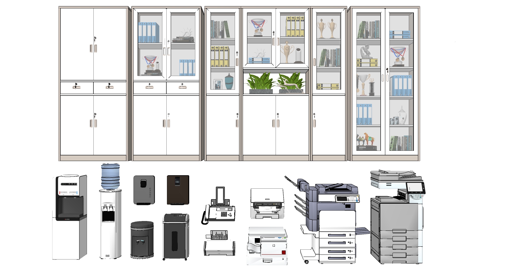 (8)现代办公室设备打印机复印机饮水机书柜档案文件柜书柜传真机sketchup草图模型下载