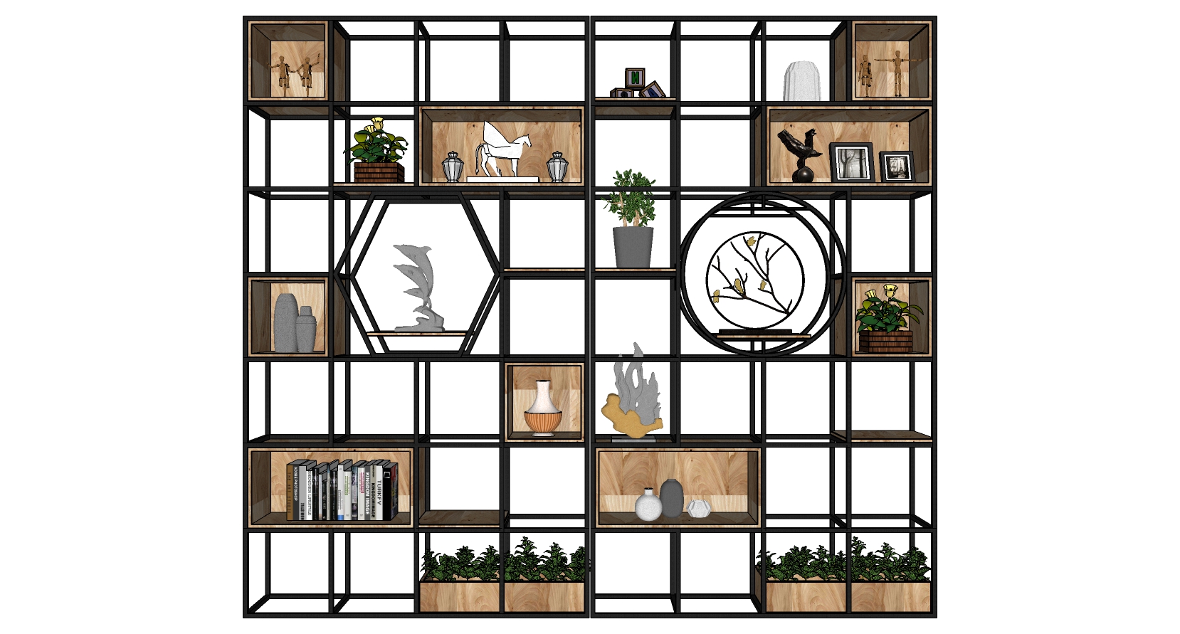 2工业风铁艺置物架酒架书架装饰架植物架饰品摆件隔断组合sketchup草图模型下载(1)