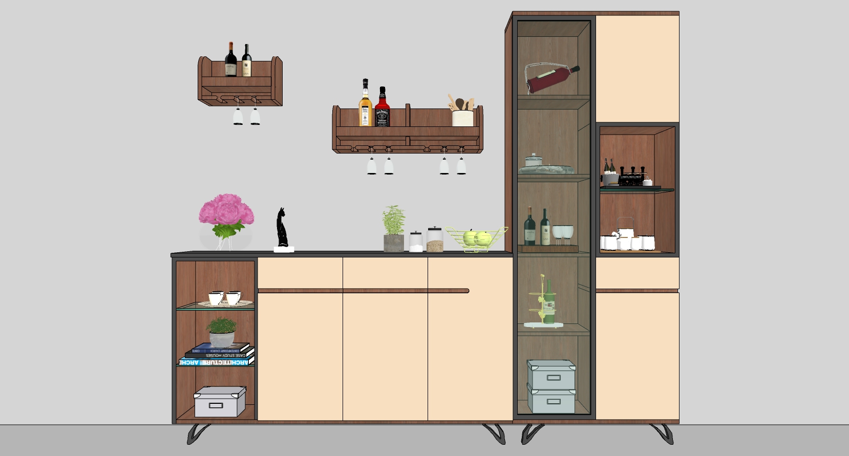 (53) 现代木制酒柜储物柜酒杯组合sketchup草图模型下载