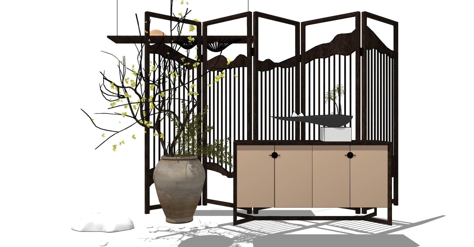 02新中式玄关端景柜餐边柜摆台条案装饰柜陶罐干枝屏风 sketchup草图模型下载(1)