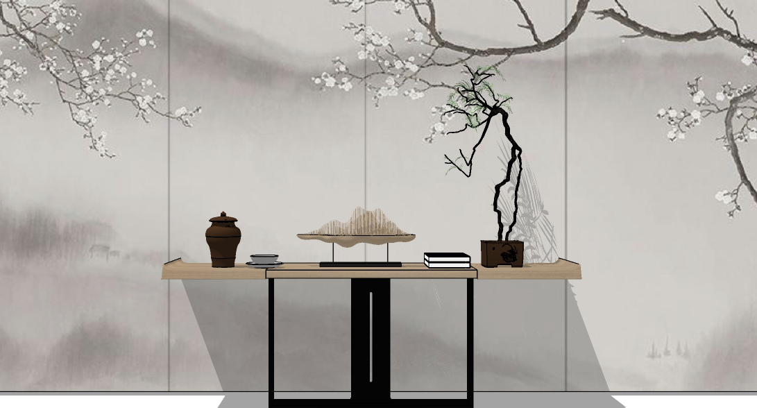 13新中式玄关端景台摆台条案饰品组合 sketchup草图模型下载(1)