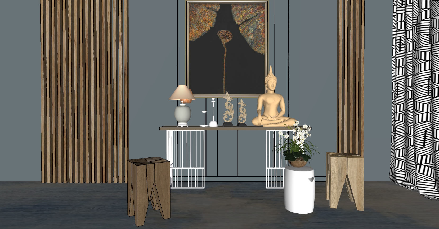 09东南亚新中式玄关端景柜餐边柜摆台条案装饰柜泰式佛像木墩sketchup草图模型下载(1)