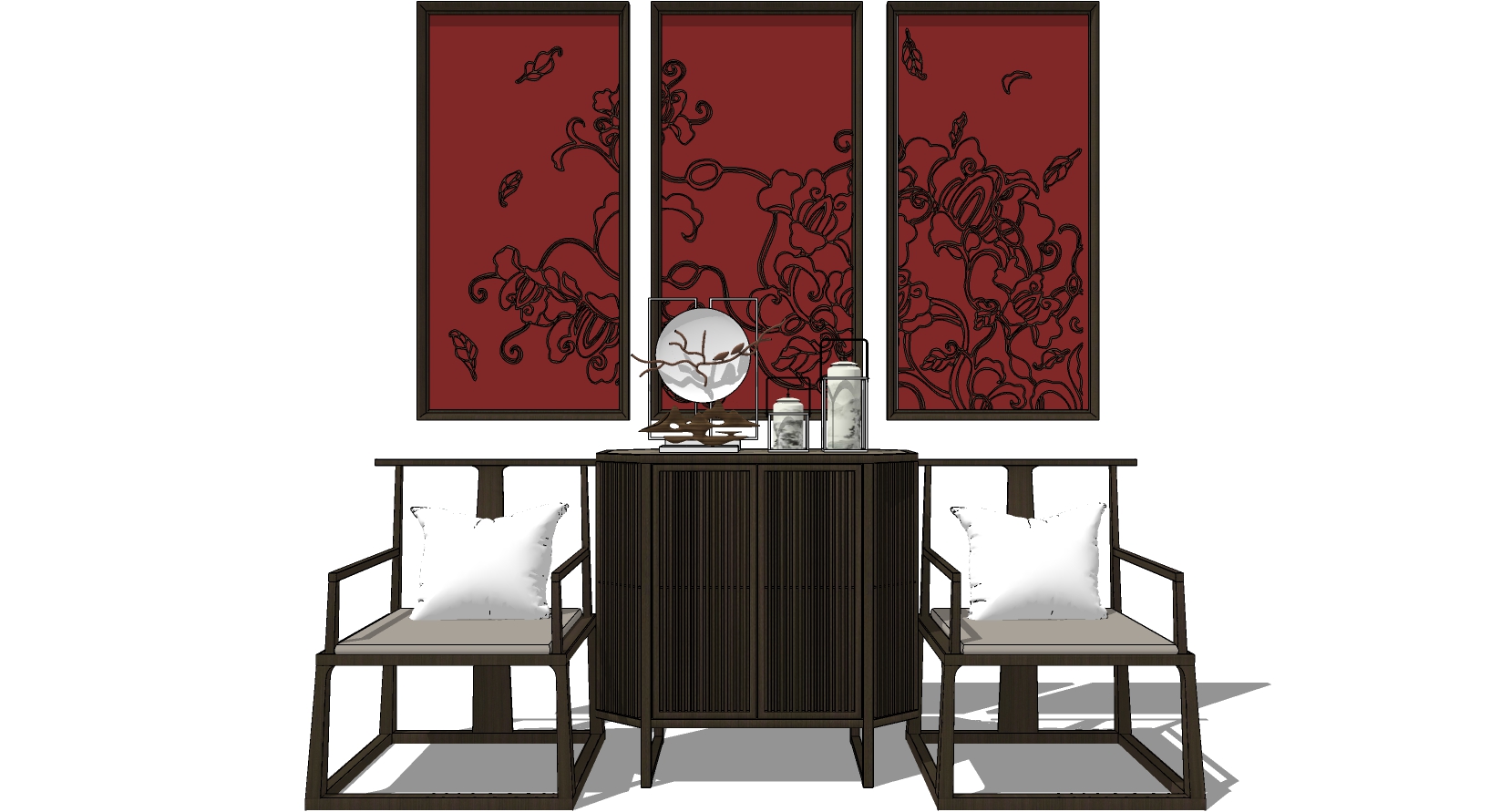 12中式玄关柜椅子摆台摆件立体画 sketchup草图模型下载(1)