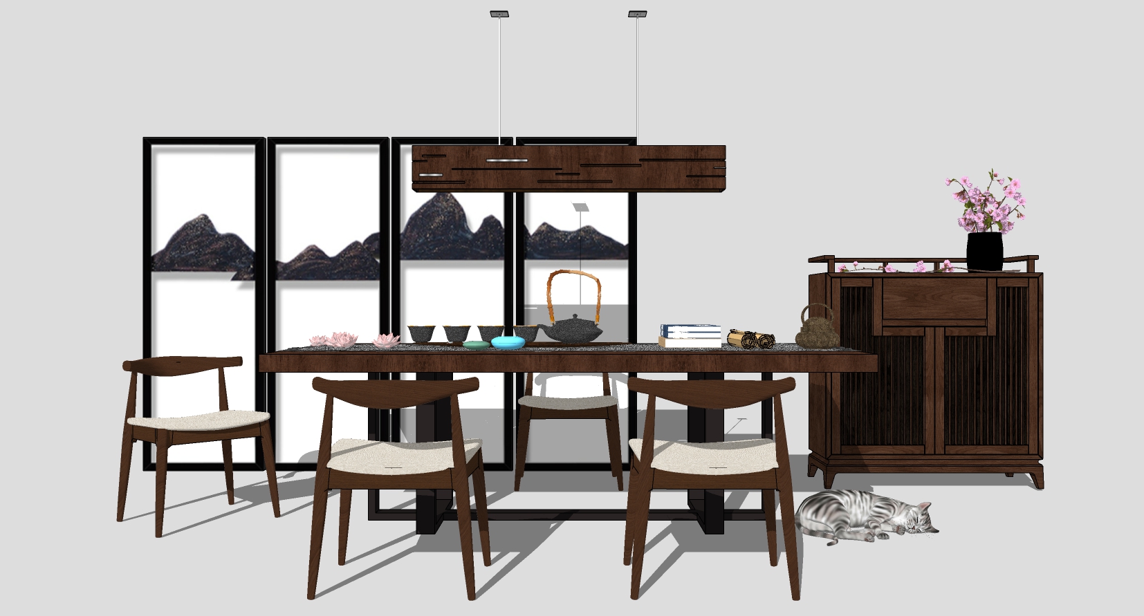 新中式茶室实木茶桌椅吊灯摆件 sketchup草图模型下载(1)