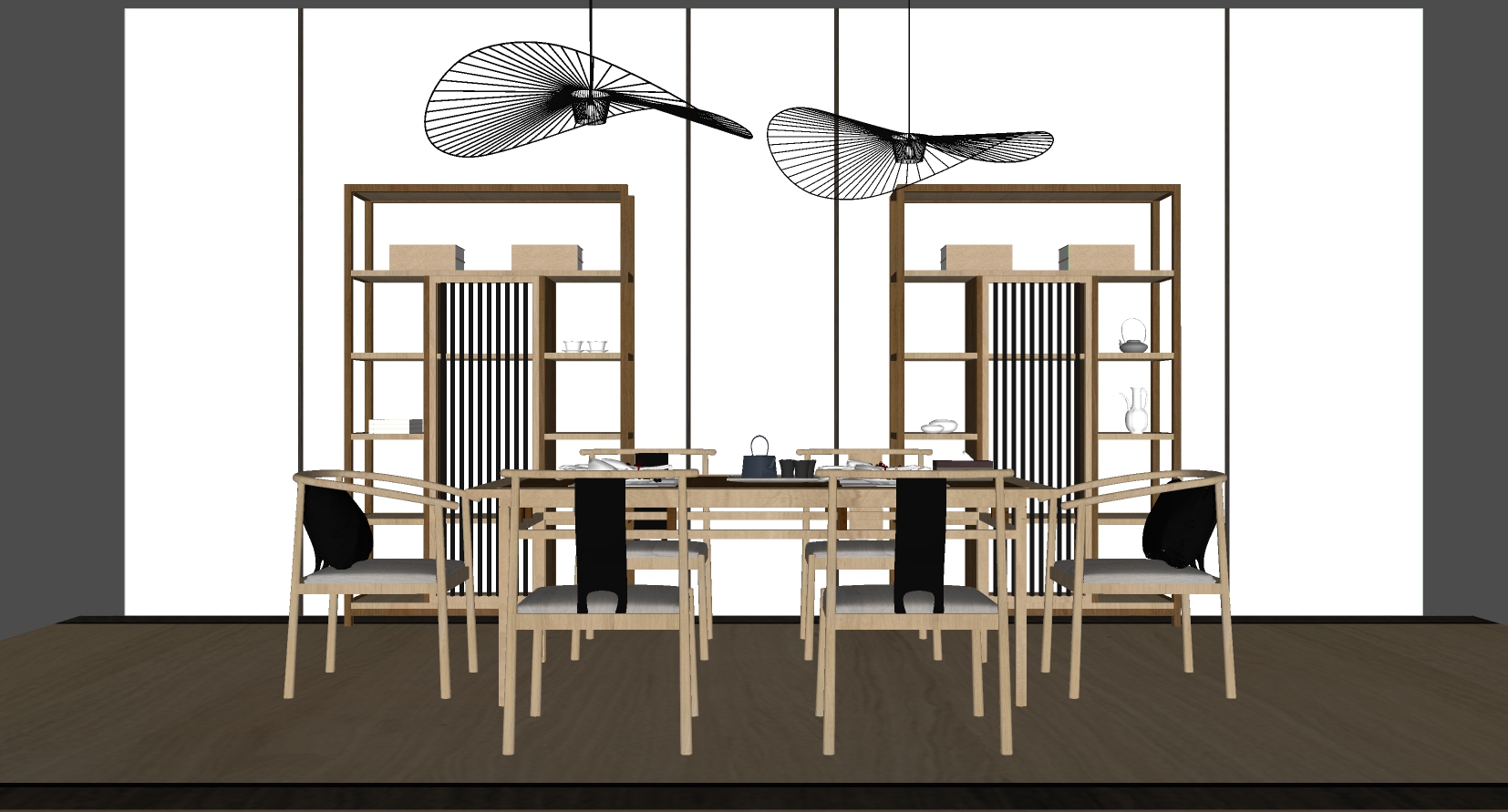 新中式茶室实木茶桌椅吊灯摆件  储物架sketchup草图模型下载