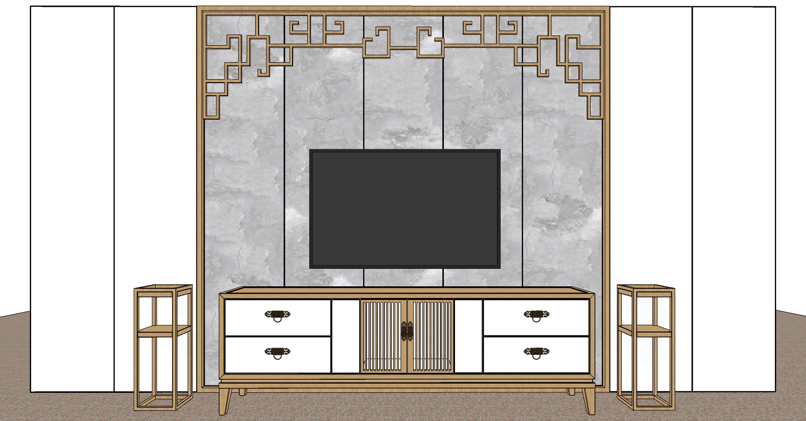 7中式电视柜背景墙电视柜中暑挂落角花sketchup草图模型下载(1)