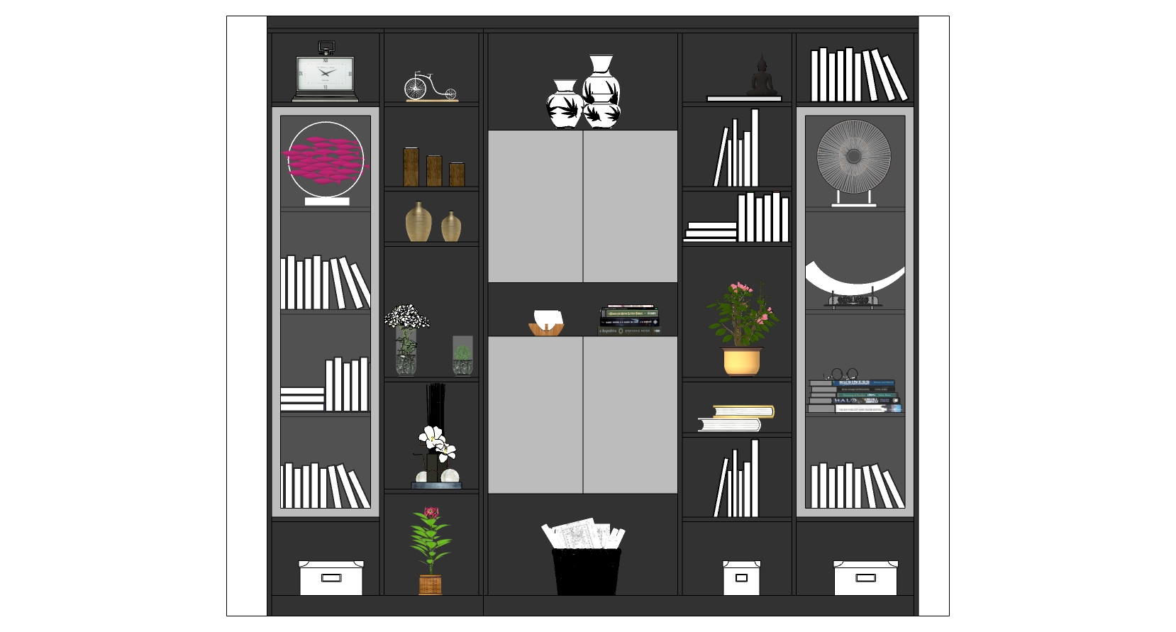 (16)现代书柜书架摆件sketchup草图模型下载(1)