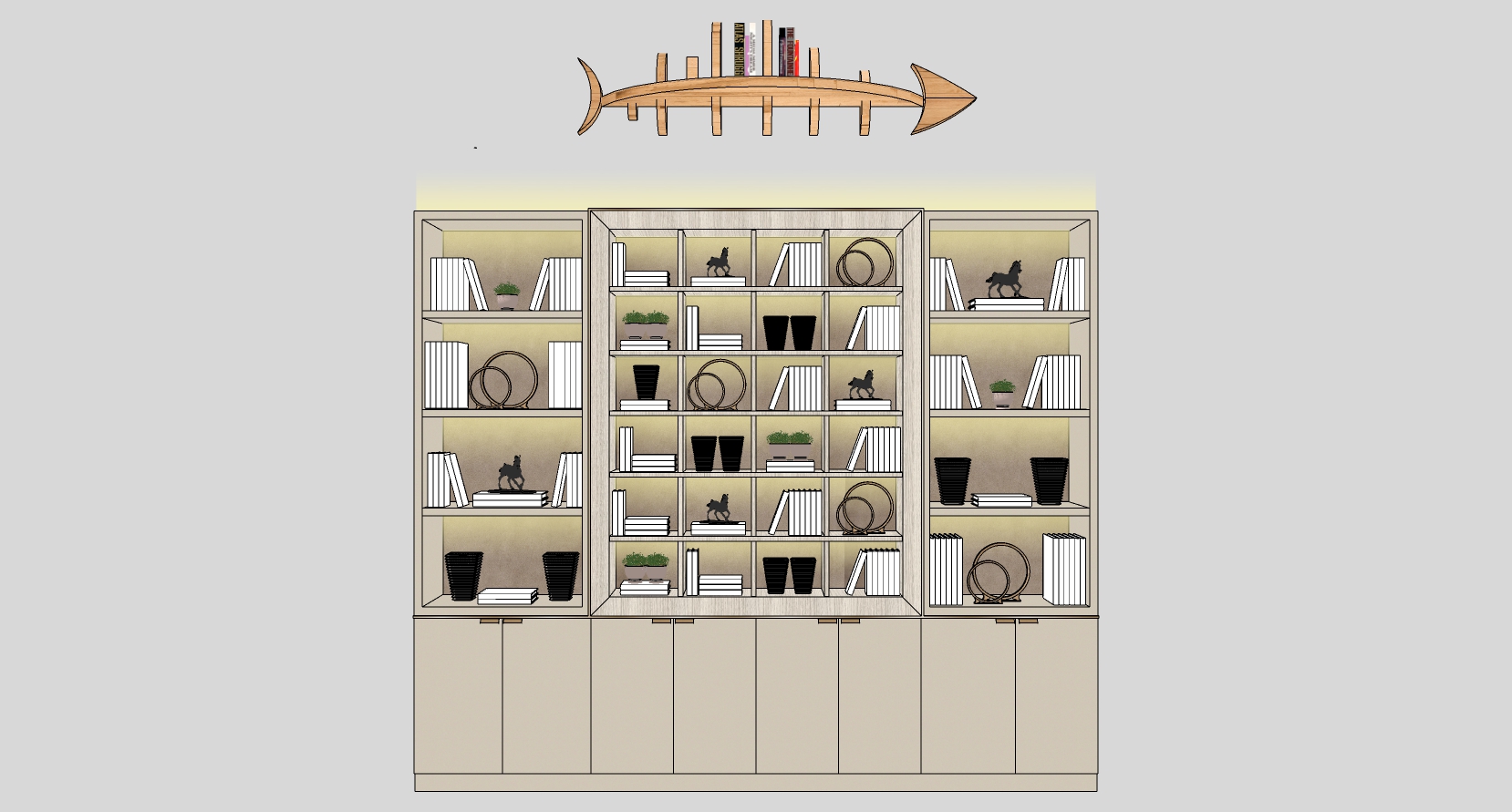 6现代简约书柜鱼骨造型书架书籍摆件sketchup草图模型下载