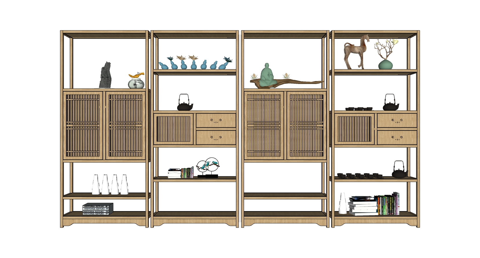 1中式书架书柜摆件sketchup草图模型下载