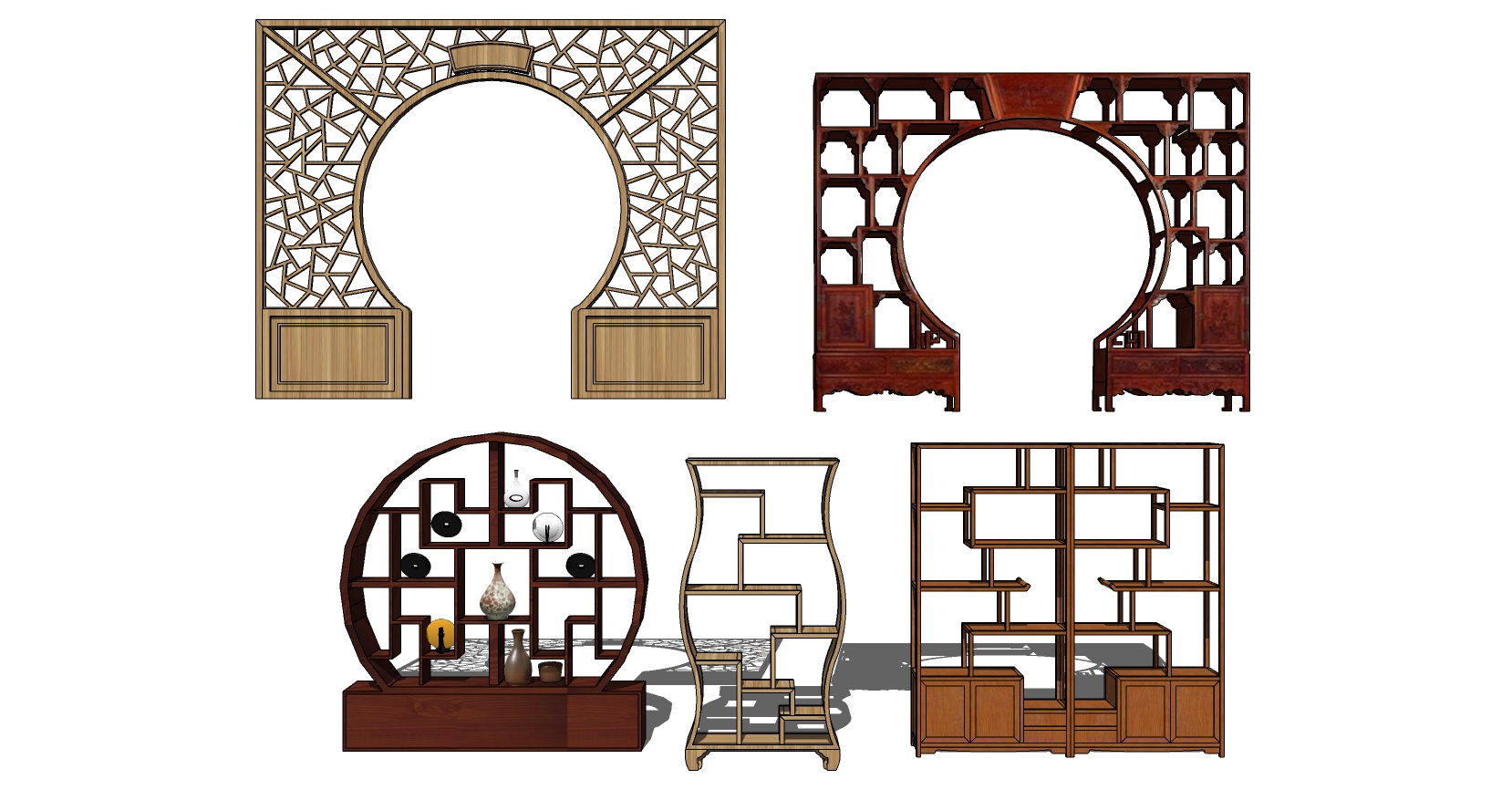12中式圆形月亮门花格隔断花格博古架书柜书架多宝格子sketchup草图模型下载