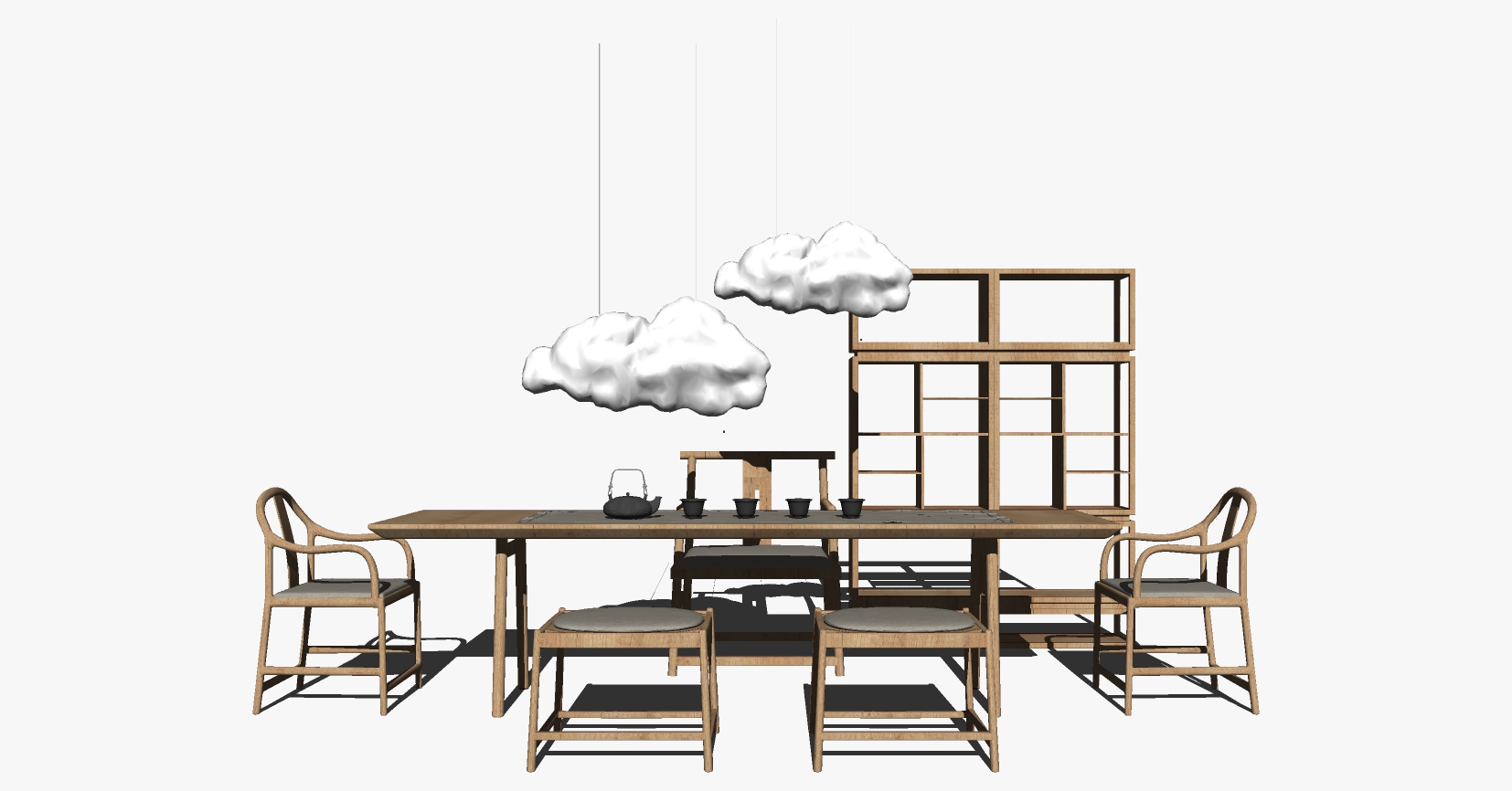 新中式茶室展示柜云朵灯中式椅组合sketchup草图模型下载(1)