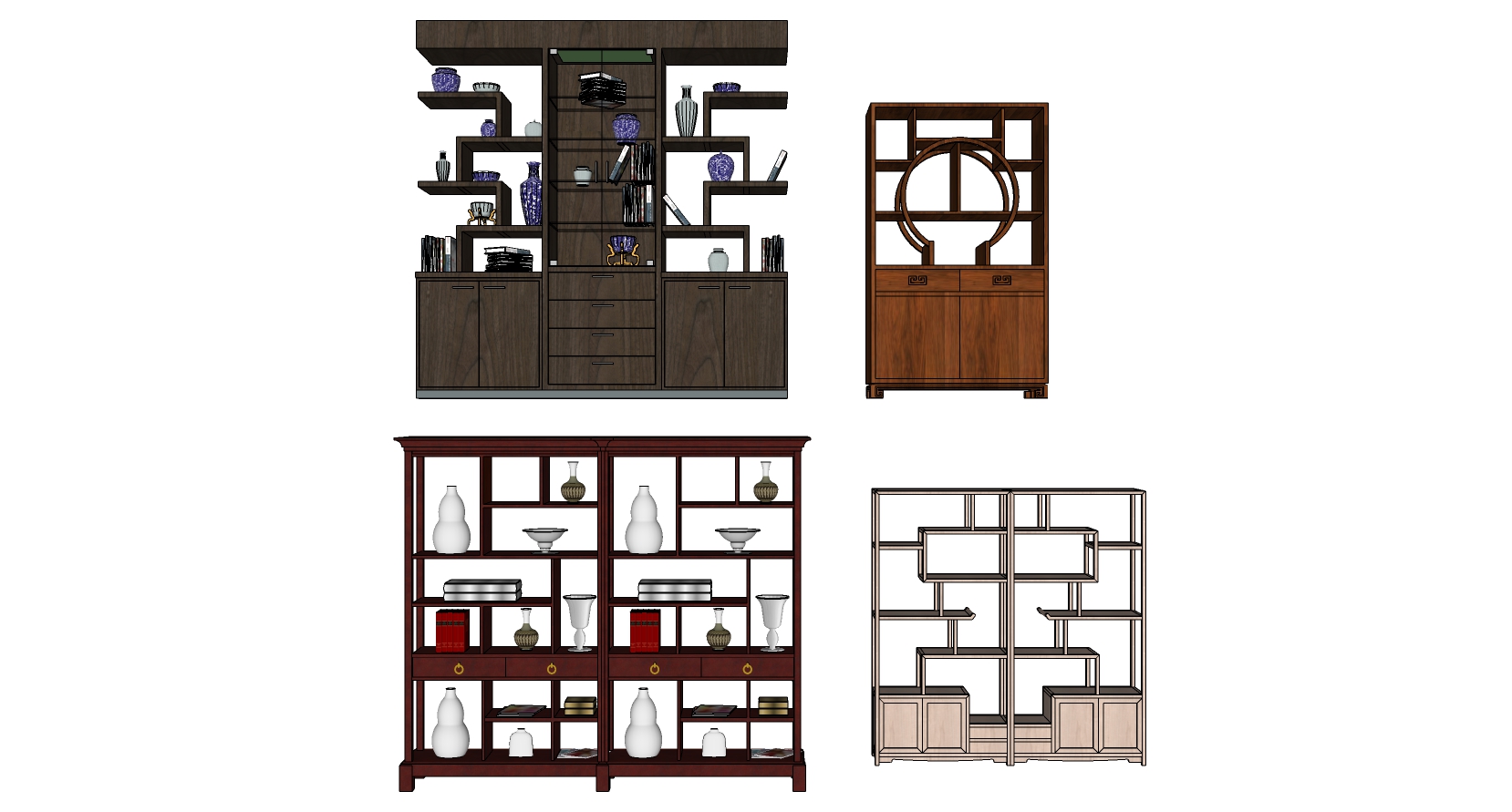 25中式博古架 书架多宝格摆件sketchup草图模型下载