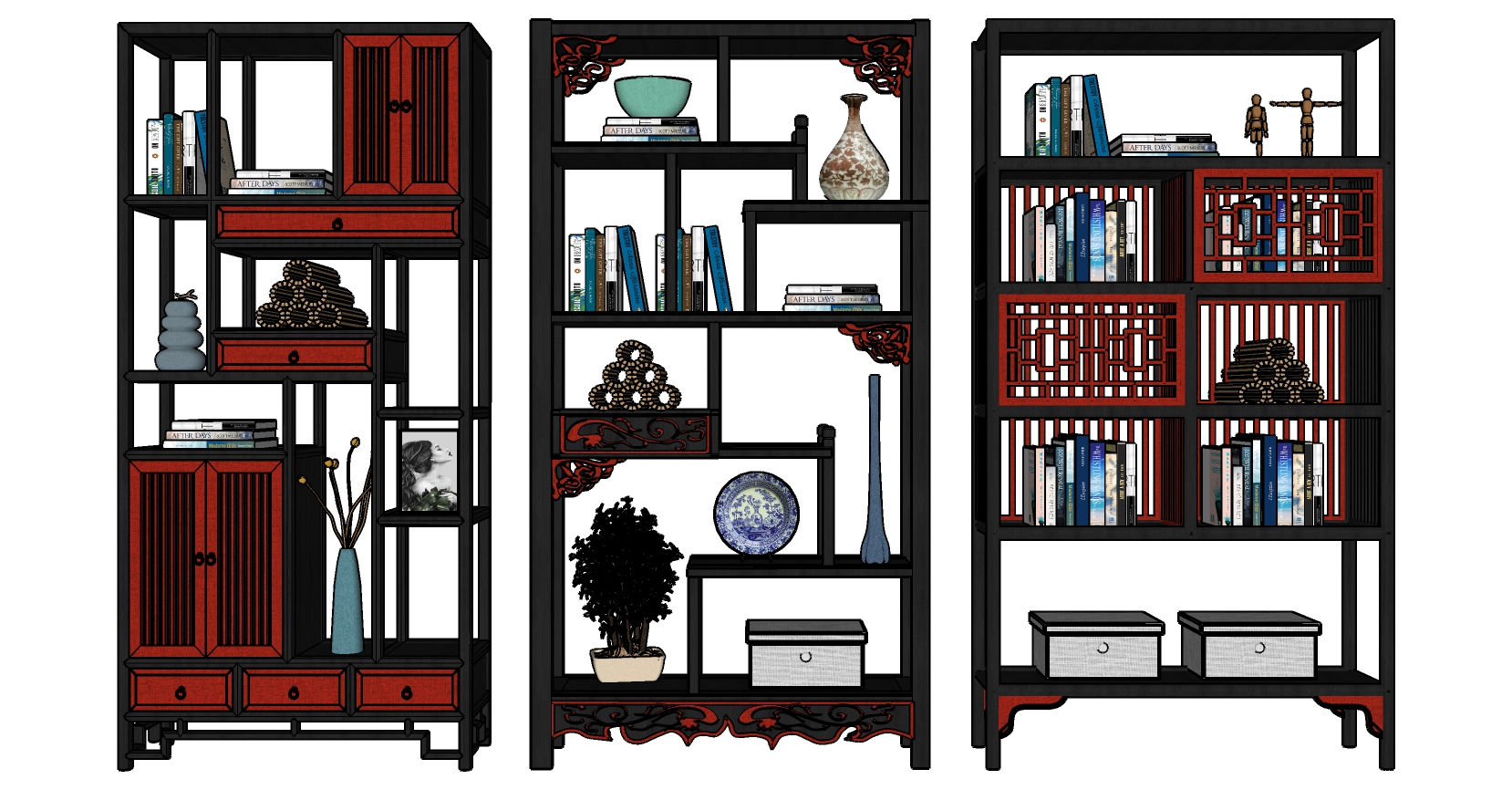 17新中式博古架装饰柜组合sketchup草图模型下载