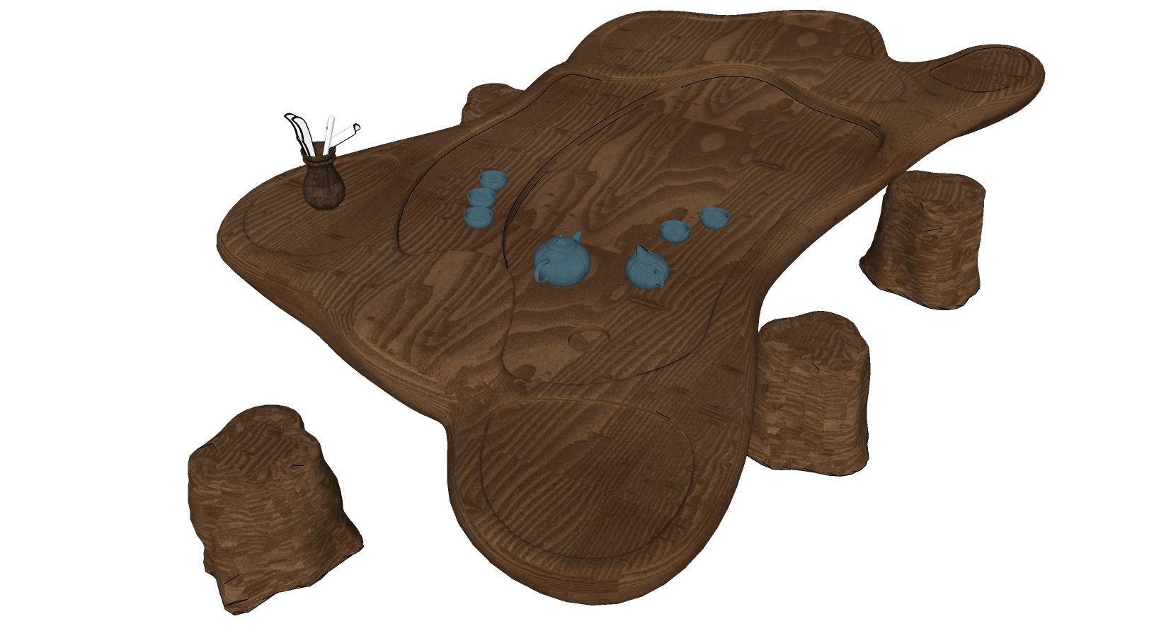 6中式实木茶几茶桌椅盆栽摆件组合sketchup草图模型下载(1)