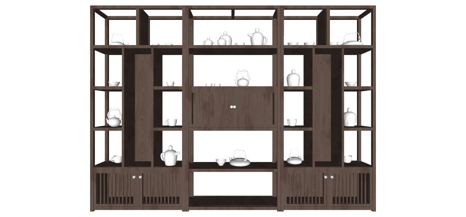 15新中式博古架多宝格书柜书架展柜展架茶具sketchup草图模型下载