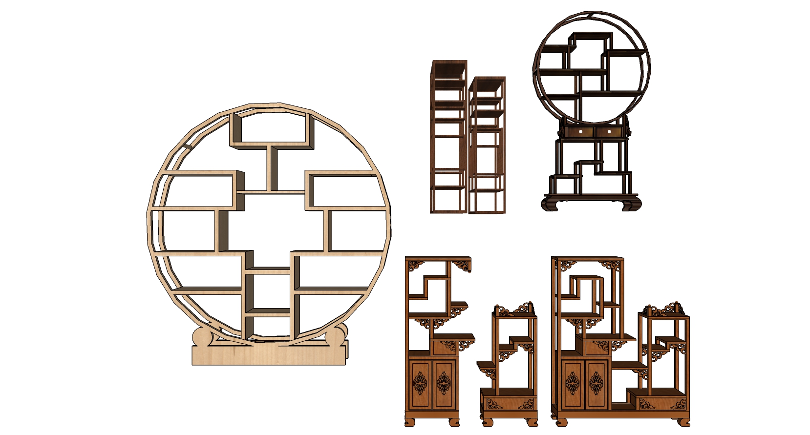 3现中式古典雕花圆形博古架多宝格展架展柜sketchup草图模型下载