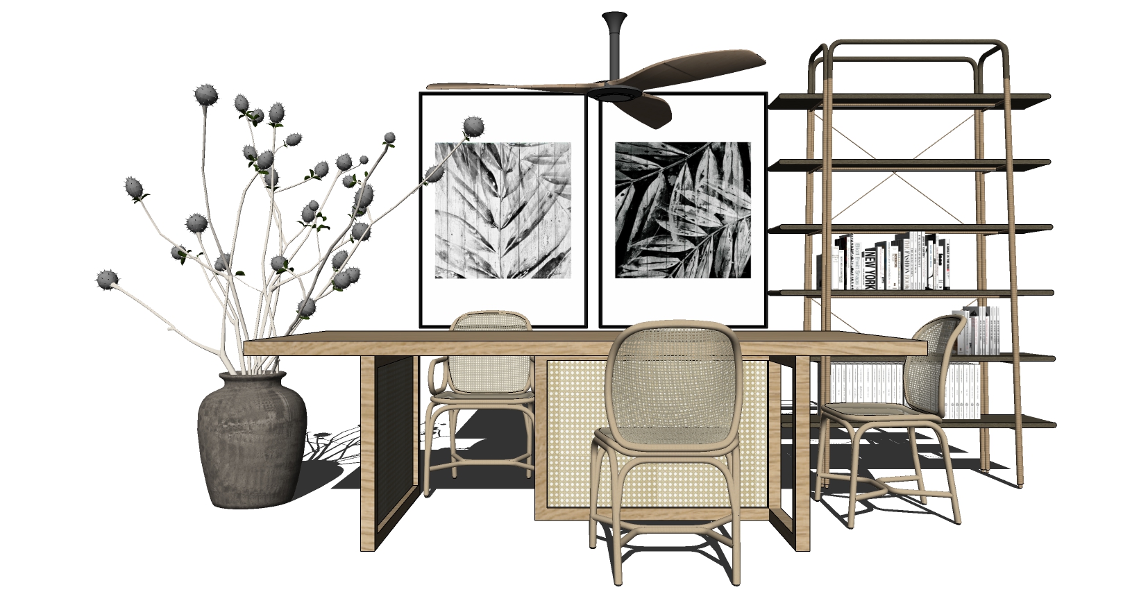 14新中式东南亚度假风书房树桌椅户外藤椅书架花瓶风扇吊灯sketchup草图模型下载(1)