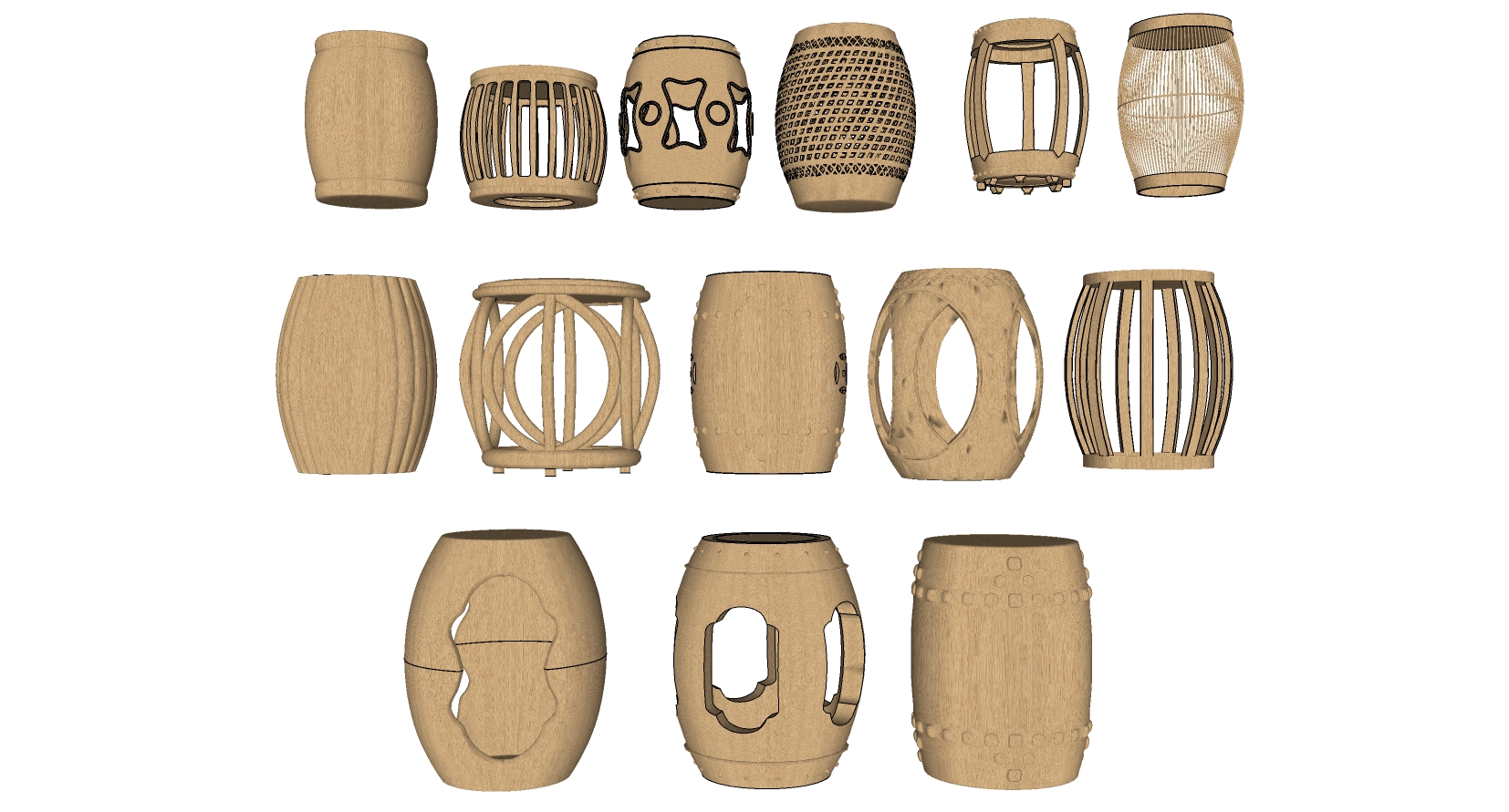 202 中式鼓凳圆凳圆墩边几sketchup草图模型下载(1)
