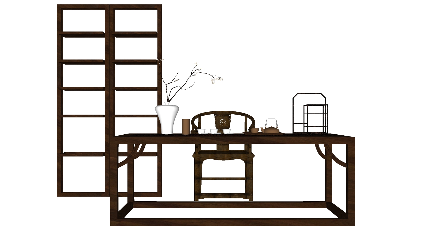 3新中式书房书桌椅圈椅茶具茶桌椅摆件SketchUp草图模型下载(1)