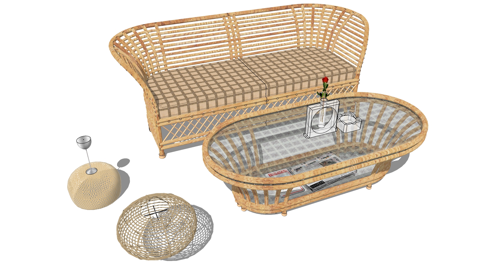 5美式法式新中式实木多人沙发椅子透明玻璃茶几摆件藤编编织圆形灯笼摆件吊灯组合sketchup草图模型下载(1)