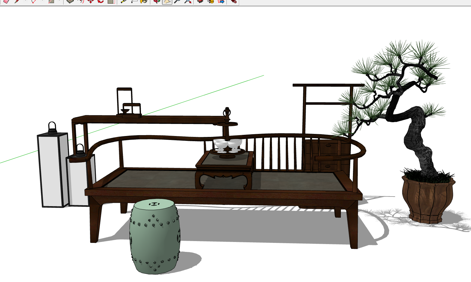 2新中式罗汉床端景台陈设品盆景炕桌实木沙发鼓凳墩马灯条案摆台sketchup草图模型下载(1)
