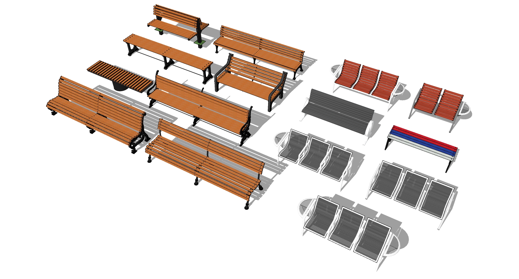 12现代欧式法式室外户外实木休闲等候椅公共场所等候椅 广场椅医院车站等候椅排椅银行大厅等候座椅铁艺公园座椅sketchup草图模型下载(1)