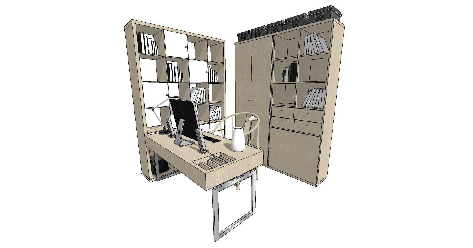 现代实木桌子椅子写字桌书架SketchUp草图模型下(1)