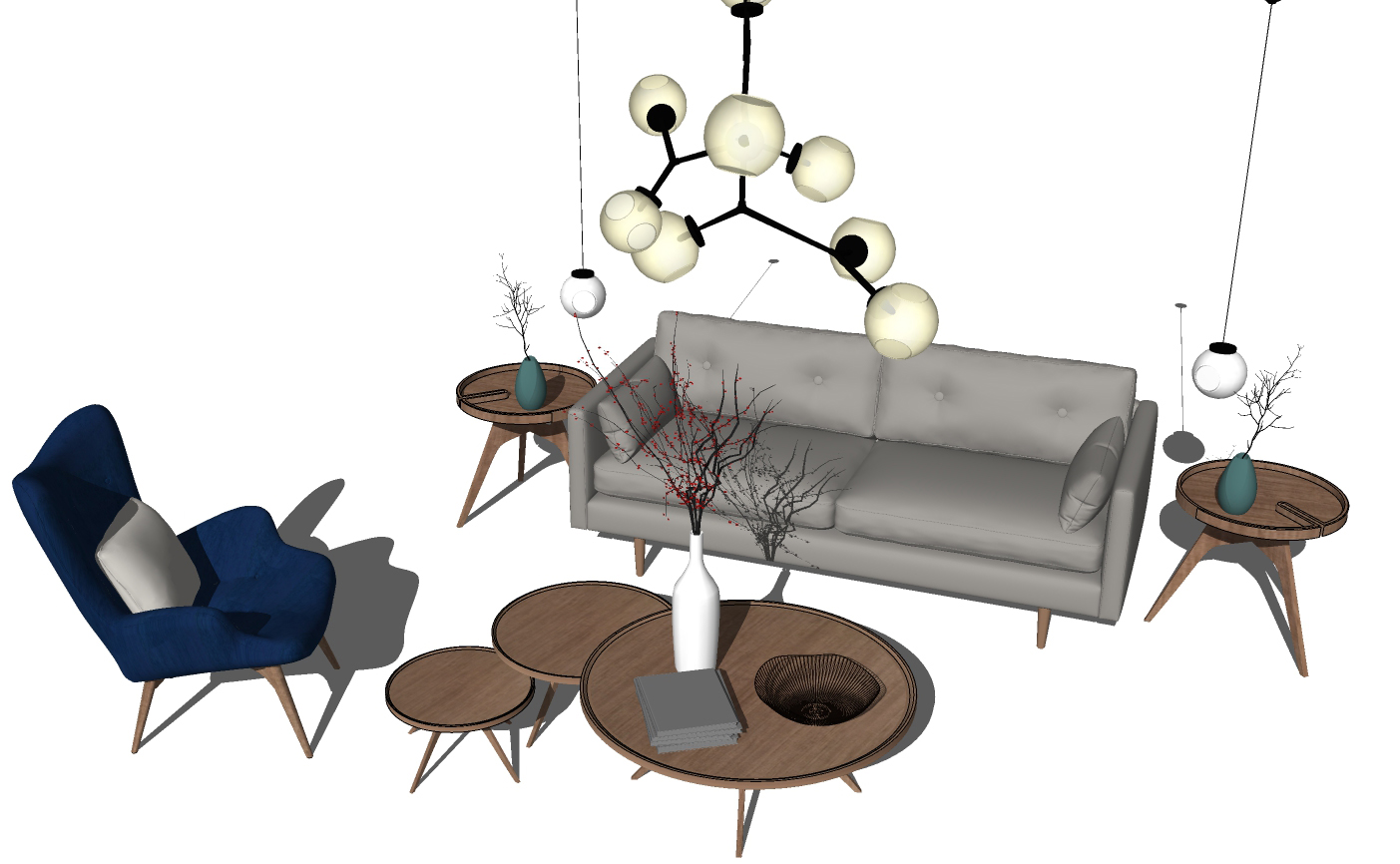 3北欧现代沙发茶几圆几边几吊灯单人休闲椅子sketchup草图模型下载