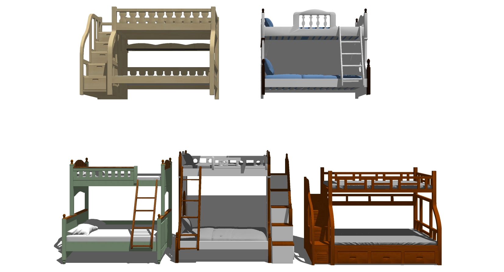 23欧式法式新中式实木上下床铺 儿童床sketchup草图模型下载