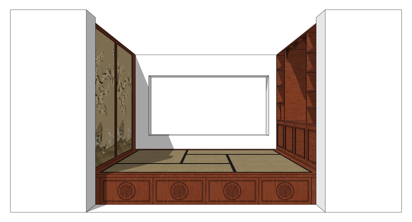 26新中式榻榻米实木双人床储物柜sketchup草图模型下载(1)