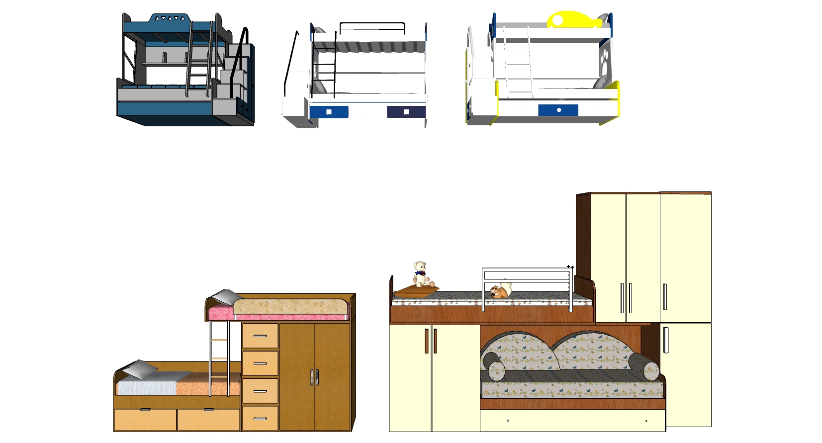 24现代儿童床实木上下床铺 橱柜组合sketchup草图模型下载