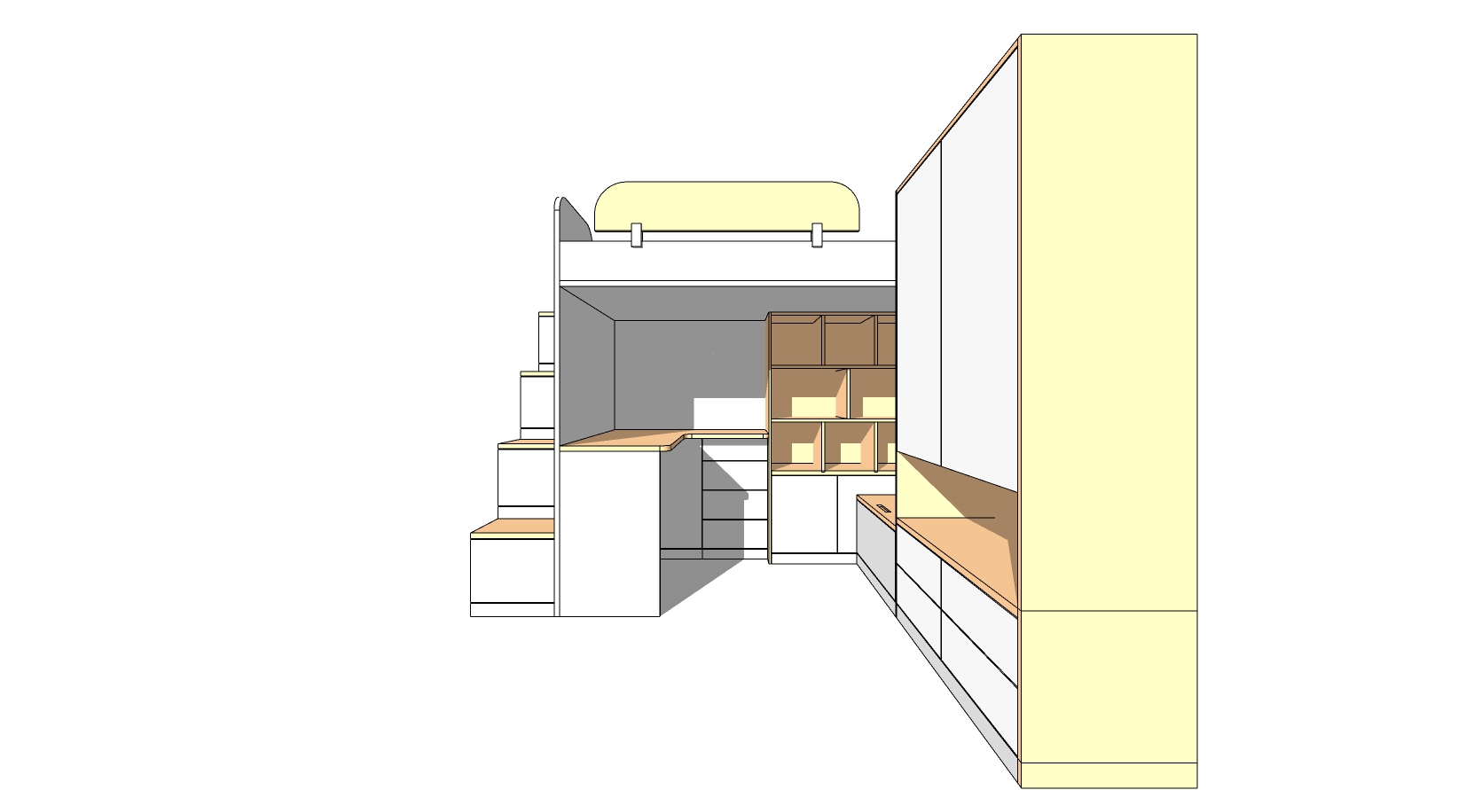 现代实木儿童房上下床储物柜组合sketchup草图模型下载(1)
