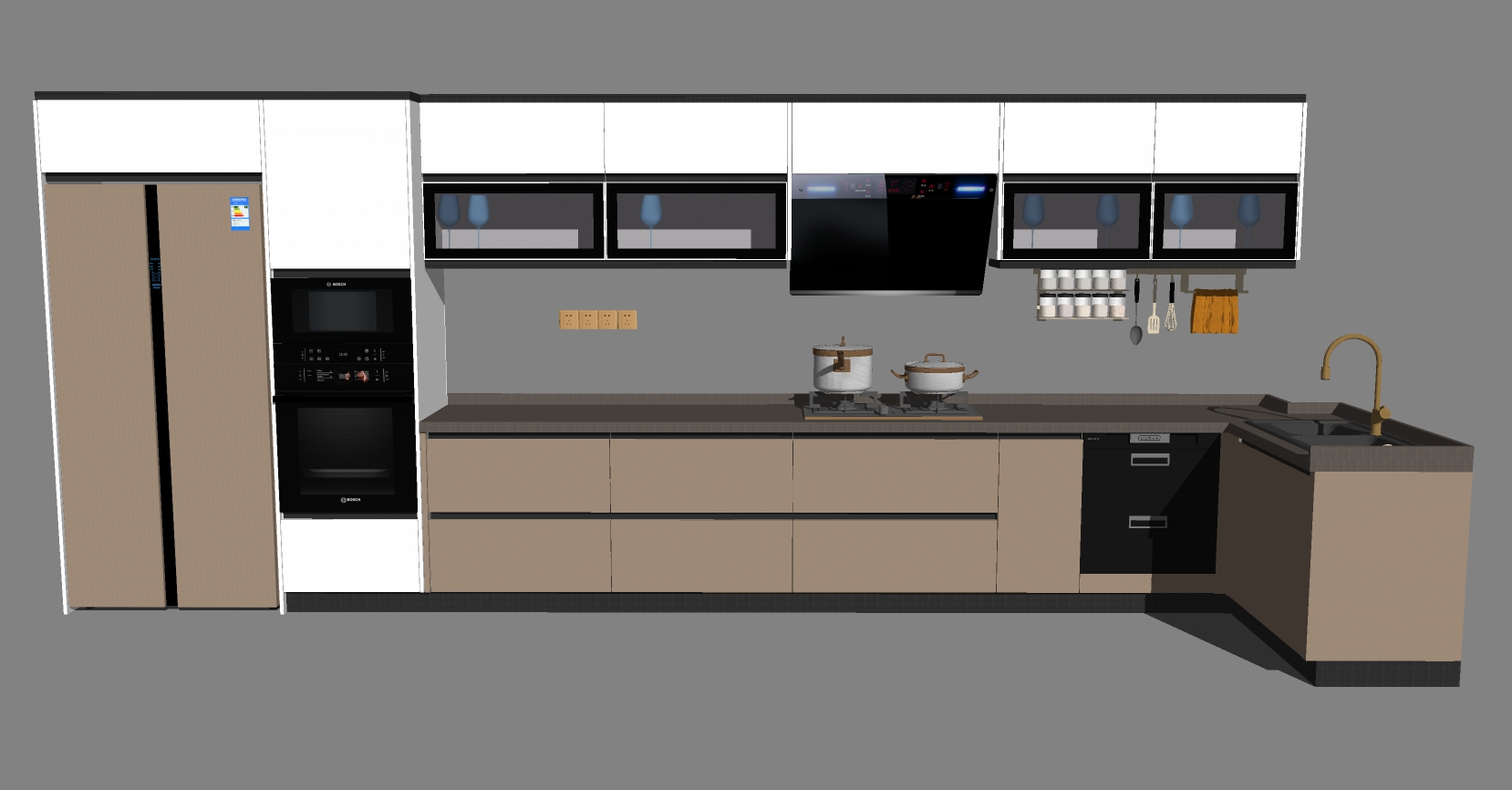 4现代北欧轻奢橱柜烤箱冰箱水盆吸油烟机sketchup草图模型下载(1)