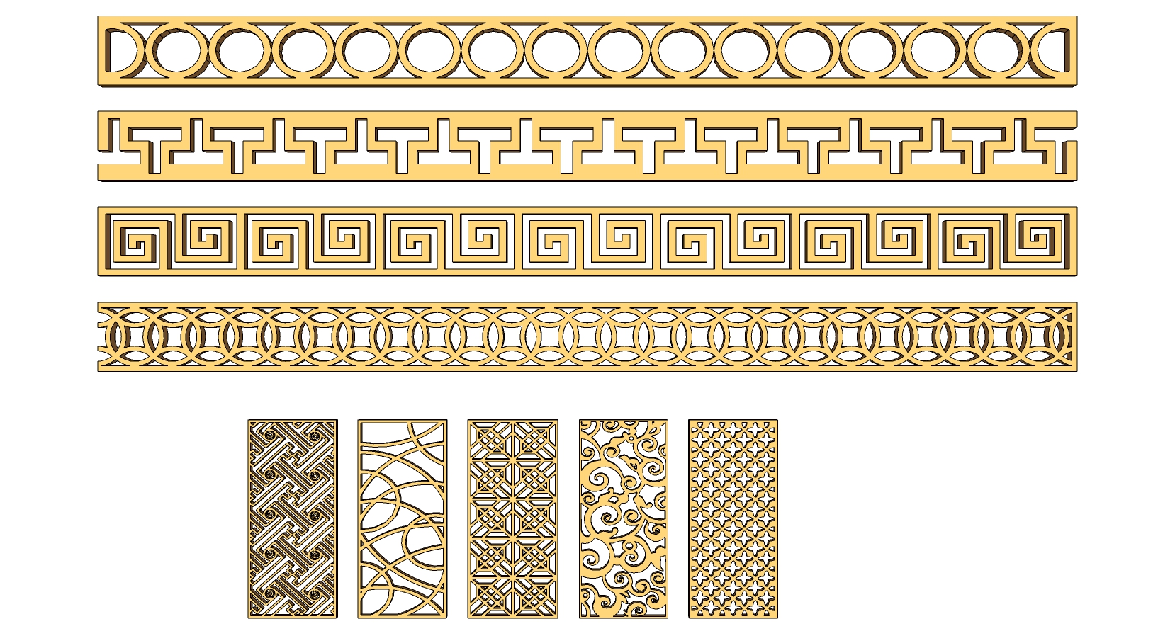 12中式雕花脚线线脚石膏线金属雕花花格屏风隔断万字纹花线石材拼花sketchup草图模型下载