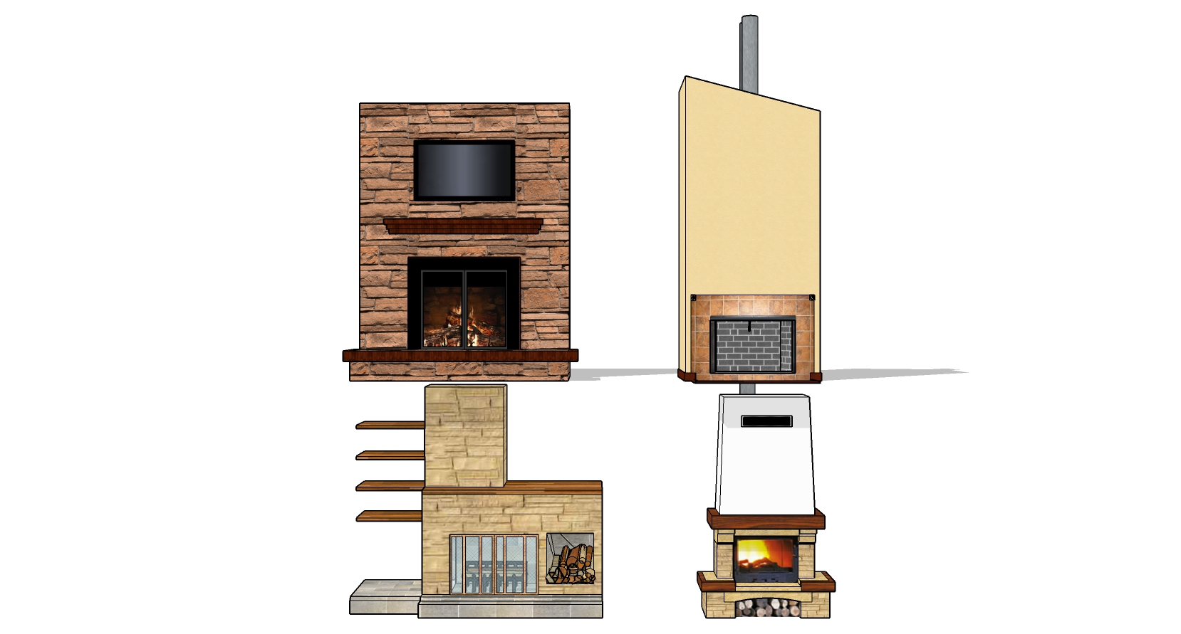 (20)欧式法式美式现代壁炉火炉劈柴电视背景墙sketchup草图模型下载