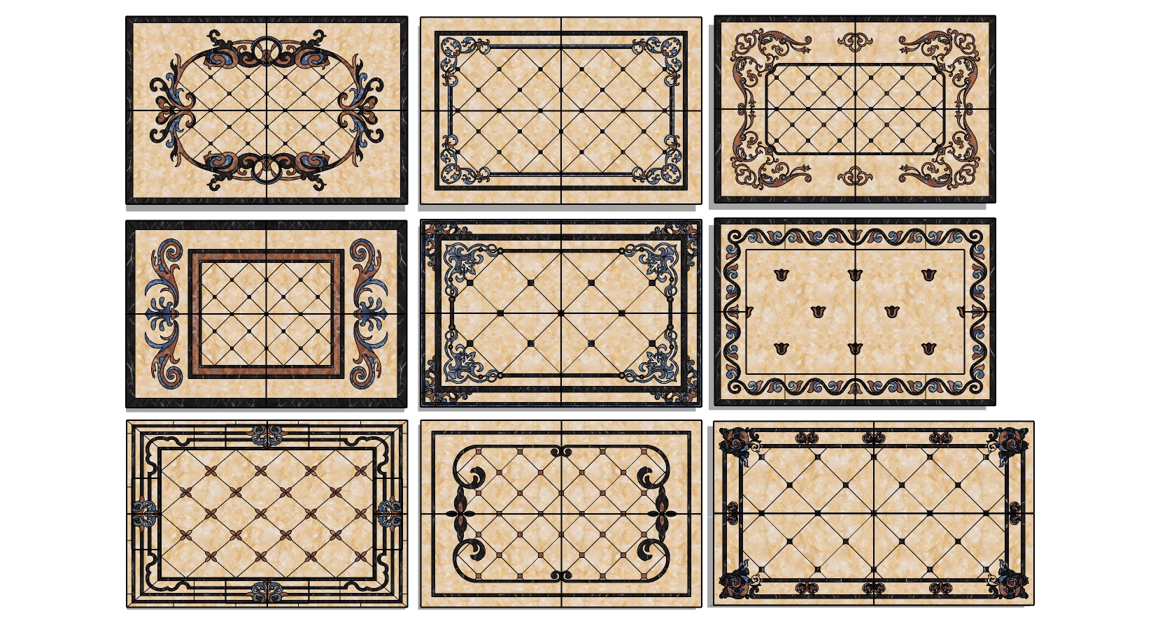2欧式法式石材大理石雕花拼花角花地砖魔方砖地面拼花砖组合sketchup草图模型下载