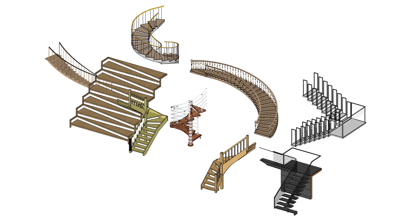 (51现代欧式美式实木旋转楼梯金属钢架楼梯栏杆sketchup草图模型下载