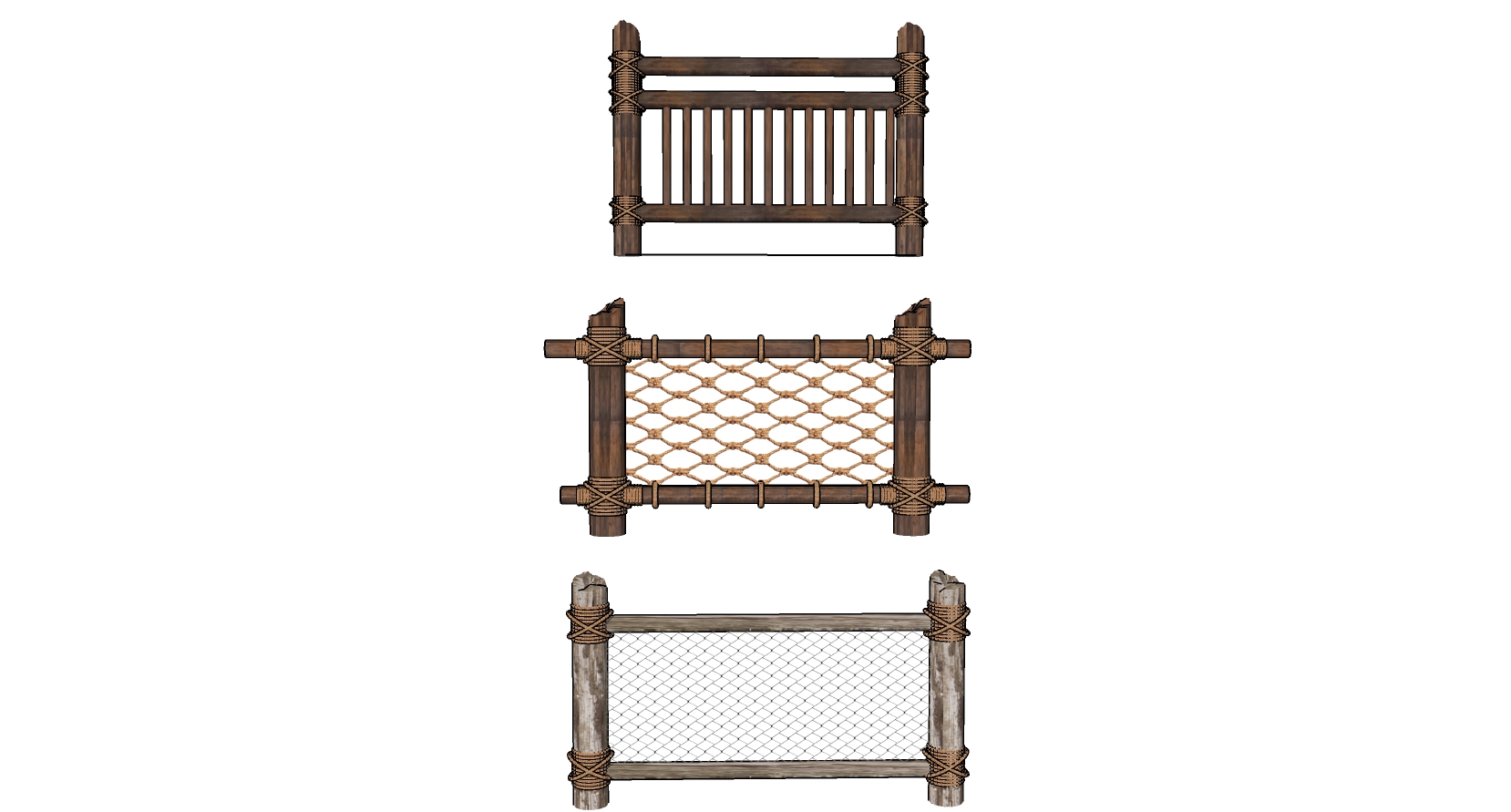 (55)中式民宿乡村山村麻绳木有栏杆扶手护栏栅栏护栏sketchup草图模型下载