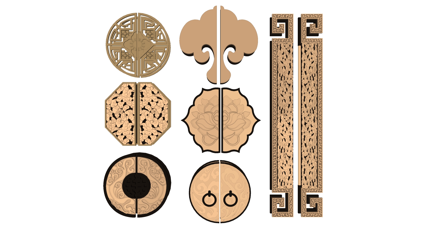 (17)中式柜门抽屉五金件角花锁拉手拉环寿字符大门把手拉手sketchup草图模型下载