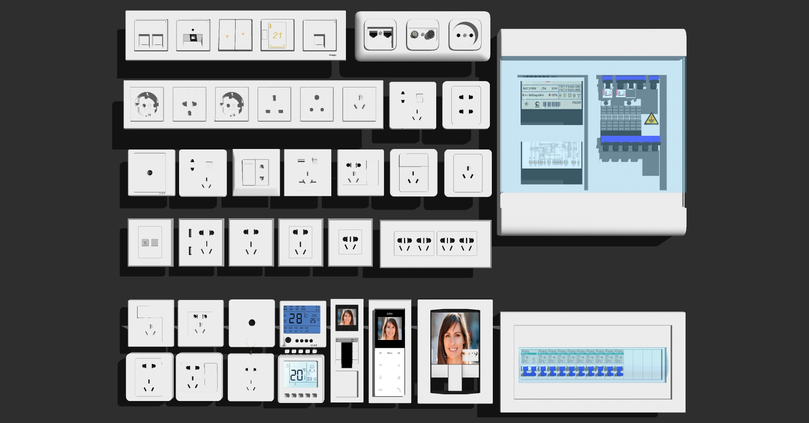(25)开关插座插排电源开关可视对讲空调温控器电表箱闸箱电源开关sketchup草图模型下载