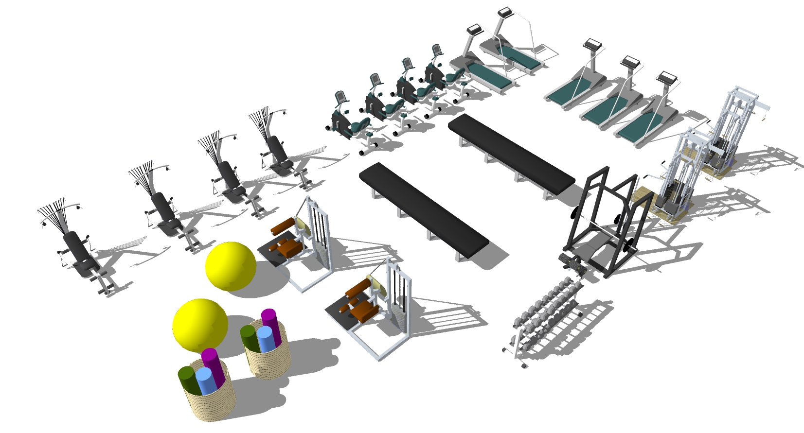 现代建设器材体育器材跑步机动感单车跑步机 瑜伽球(sketchup草图模型下载