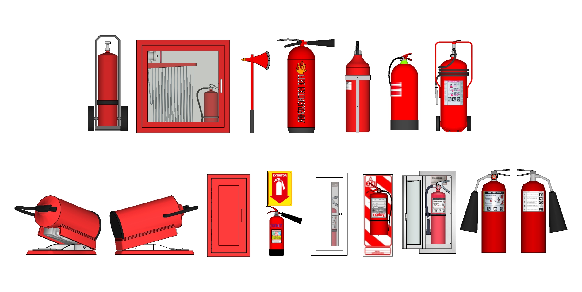 25消防箱 消火栓 灭火器 安全指示牌应急照明灯 烟感喷淋报警器sketchup草图模型下载