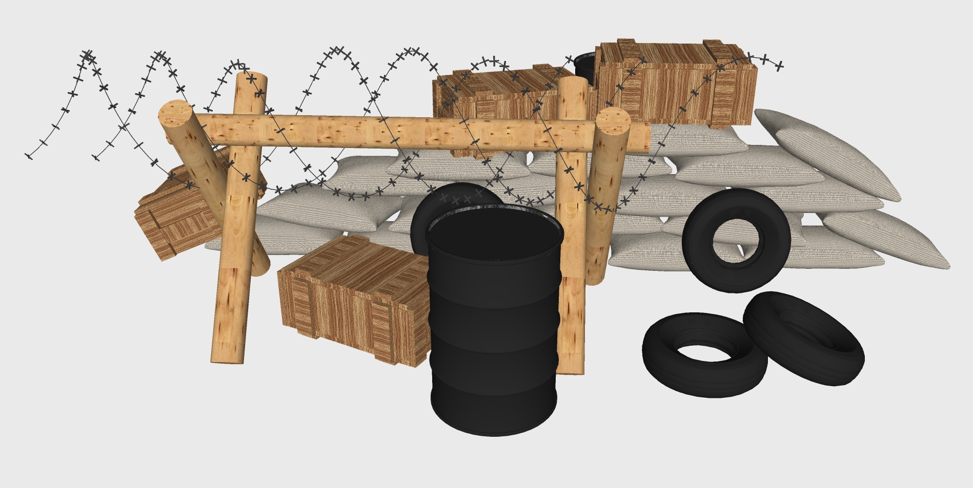 现代军事木桩铁丝麻袋防御工事油桶木箱子木桩子sketchup草图模型下载