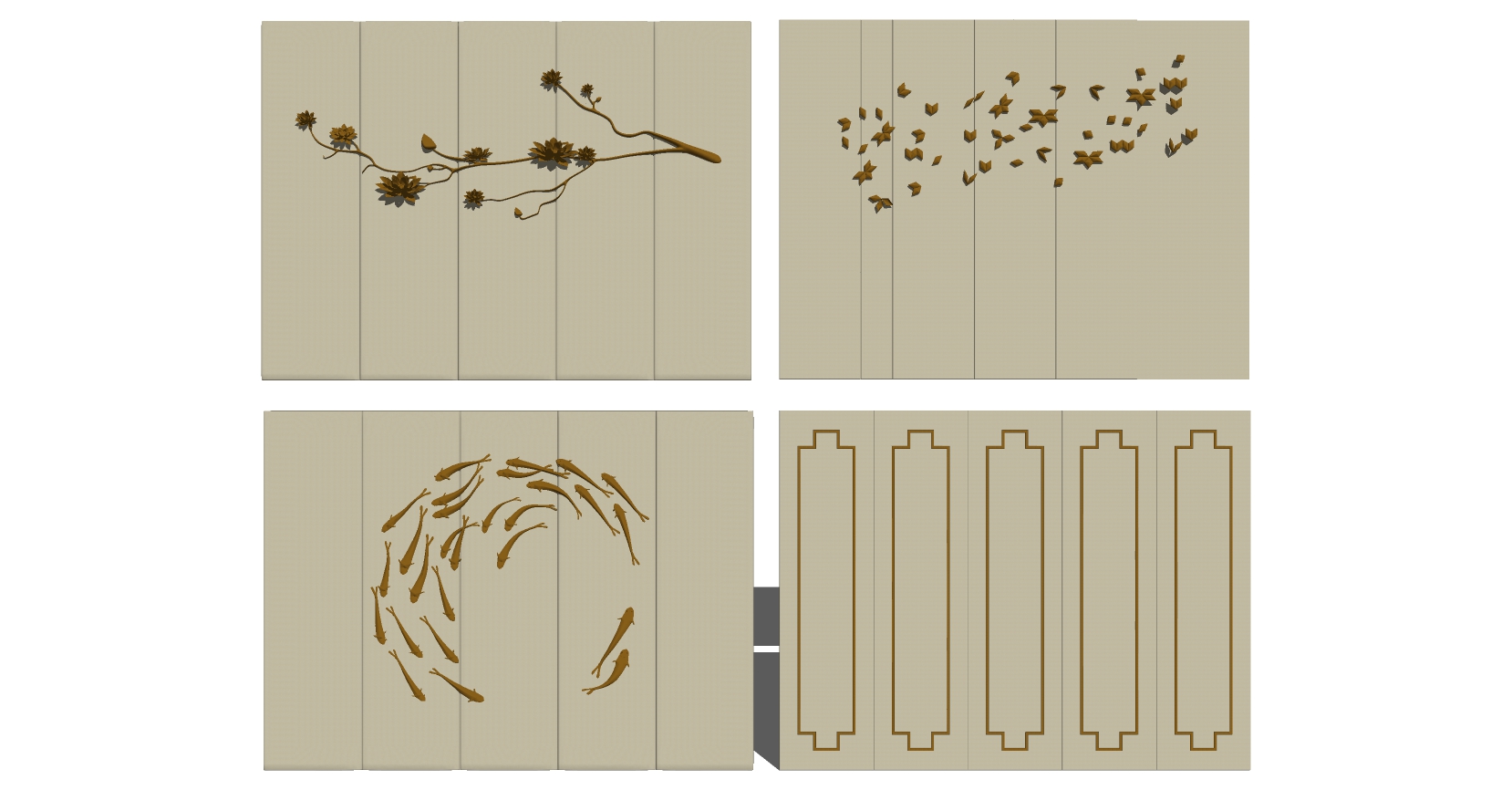 (21)新中式床头背景墙金属小鱼鱼群梅花树枝墙饰挂饰挂件sketchup草图模型下载
