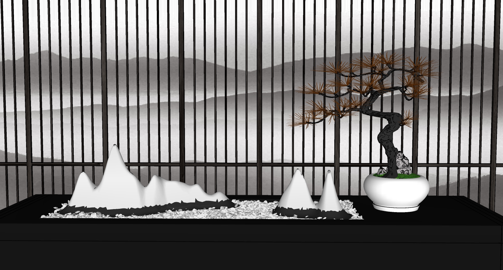 (16) 新中式日式枯山水山形摆件盆景sketchup草图模型下载(1)